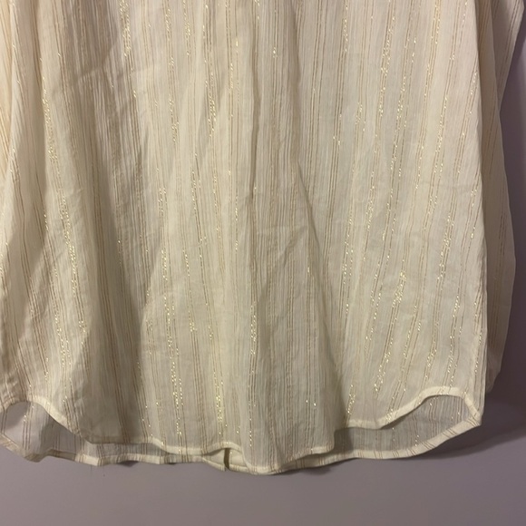 Chico’s Cream with Metallic Gold Stripe Cold Shoulder Long Sleeve Button Blouse - Picture 12 of 16